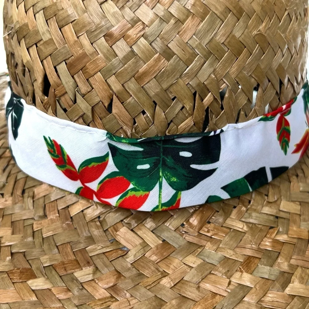 Straw Sun Hat Goldcoast Sunwear Tropical Floral Palm Leaf Band Tan White Green
